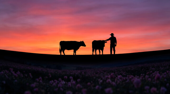 Silhouette of a rancher petting a cow, with a vibrant pink and purple sunset sky, standing on a rolling hill, rural pasture landscape, livestock farming category
