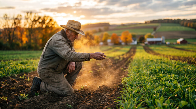 Elderly farmer in a straw hat, with dust rising around him during golden hour, kneeling and hand sowing seeds, in a rural cultivated farmland, traditional agriculture photography