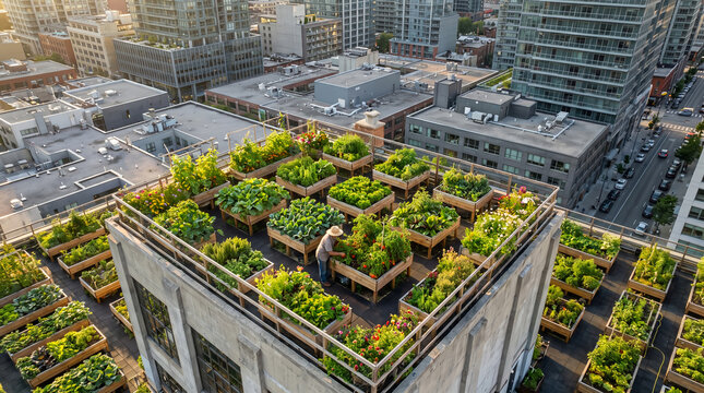 Urban rooftop garden, with numerous wooden raised planter beds containing green vegetables, cultivating crops viewed from a high angle, on a city building roof terrace, sustainable agriculture
