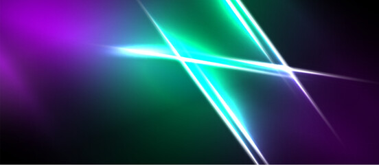 Naklejka premium Abstract lines intersect, creating vibrant purple, green glow. Dark background emphasizes bright energy, modern design.
