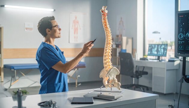 Ultra-detailed 8K healthcare scene featuring medical professional examining realistic human spine model, clinical consultation setting, soft natural lighting, advanced orthopedic care concept, photore