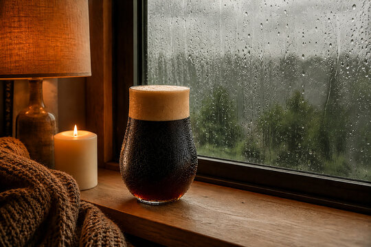 Nitro Cold Brew Coffee on Wooden Windowsill with Rain Droplets on Window Glass, Cozy Candle and Knit Blanket, Warm vs Cool Hygge Atmosphere, Rainy Day Lifestyle