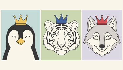 Fototapeta premium Three cute animal portraits of a penguin, a white tiger, and a wolf, each wearing a vibrant colorful crown.