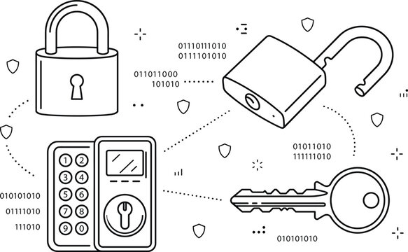 Cyber security icon set with digital keypad padlocks key binary code data protection shields and linear outline elements