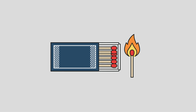 Blue matchbox holding wooden matchsticks with red tips next to a single burning match with a bright flame.