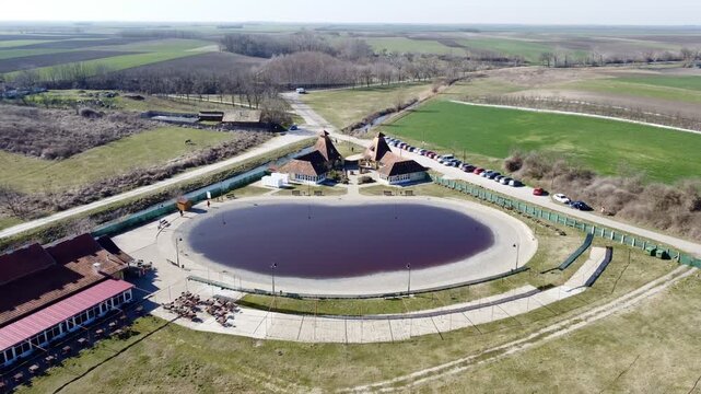 Aerial view of the Red Lake recreation area in Kula, Vojvodina, Serbia. Drone landscape. g.