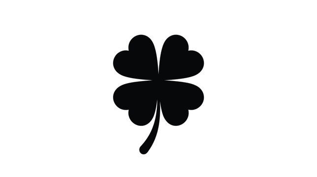 Simple black silhouette graphic of a lucky four leaf clover plant depicting a symbol of good fortune and happiness rendered in a minimalist flat vector art style isolated as a clear shape on white bac