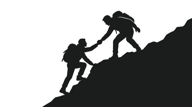 Two adventurous hikers helping each other climb up a steep rocky mountain peak while wearing heavy backpacks during a challenging wilderness trekking expedition captured as a bold black silhouette iso