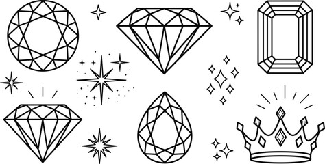 Diamond gem icon set with brilliant cuts emerald shapes pear drop crystals sparkling stars and royal crown outline elements © Hafizul