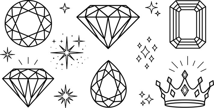 Diamond gem icon set with brilliant cuts emerald shapes pear drop crystals sparkling stars and royal crown outline elements