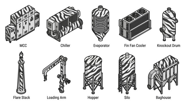 Isometric Industrial Equipment Icon Set, Vector Line Art of Factory Machinery and Processing Units including Silo, Chiller, Hopper, and Flare Stack for Diagrams and Presentations