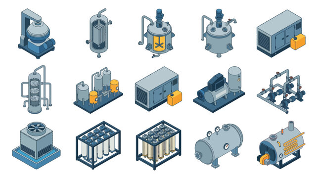 Isometric industrial equipment vector icon set featuring factory machinery chemical reactors generators storage tanks and filtration systems for engineering infographics and manufacturing design