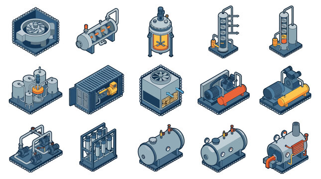 Isometric Industrial Equipment and Factory Machinery Vector Icon Set with Processing Tanks, Compressors, Reactors, and Cooling Towers for Engineering Diagrams and Infographics