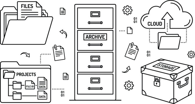 Document archive filing cabinet vector doodle icon set with cloud storage project folder box data administration outline elements