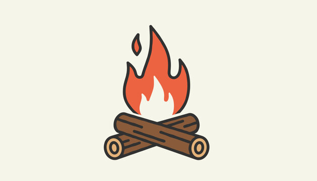 Burning campfire with bright orange flames rising from crossed logs of wood isolated on a solid off white background.
