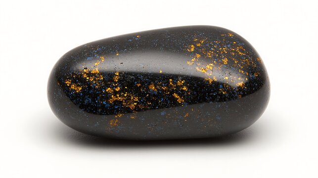 Smooth black stone with golden and blue sparkles for decorative or healing purposes