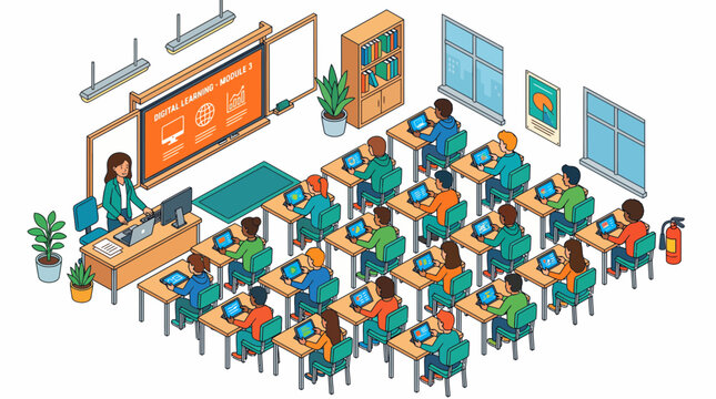 Students in a classroom setting for back to school with teacher at the front and interactive whiteboard