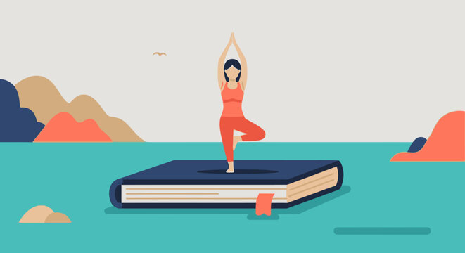Woman practicing yoga tree pose on open book.