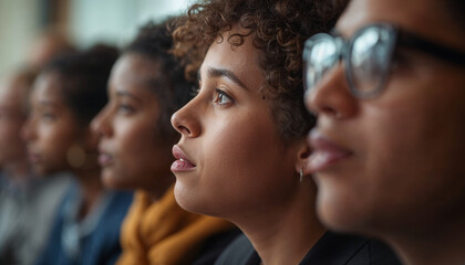 Fototapeta premium Diverse Group of Professionals Attentively Listening During a Corporate Seminar in a Modern Office Environment