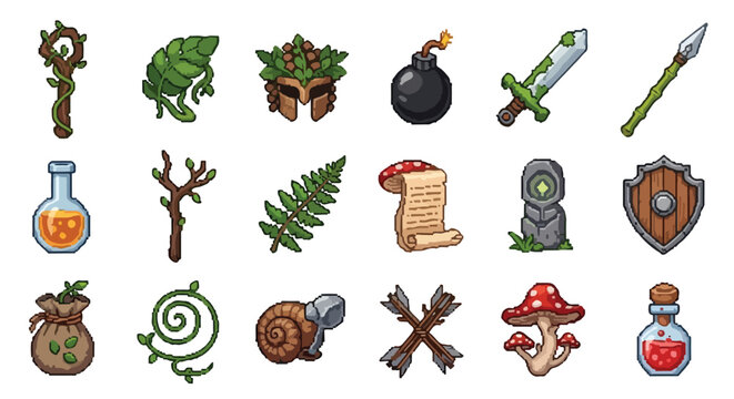 This is a set of eighteen pixel art icons featuring various nature-themed fantasy game items like weapons, potions, leaves, and magical artifacts.