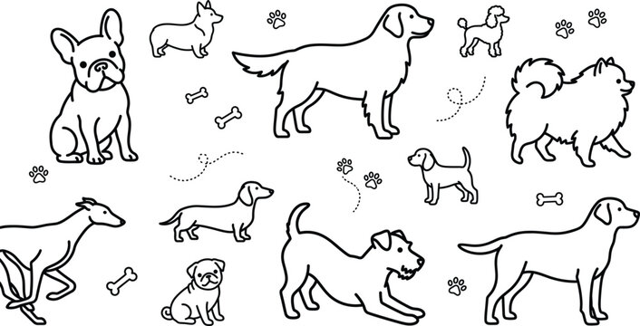 Dog breed vector doodle icon set with retriever bulldog corgi dachshund pug and puppy elements in outline style