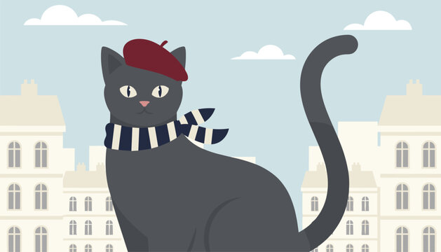Elegant black cat wearing a burgundy french beret and a striped navy scarf standing against a modern city backdrop.