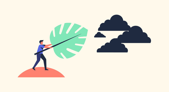 Person holding large green leaf in creative illustration.