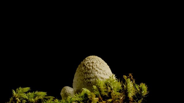Macro time-lapse of wild mushrooms emerging from the forest floor and moss.