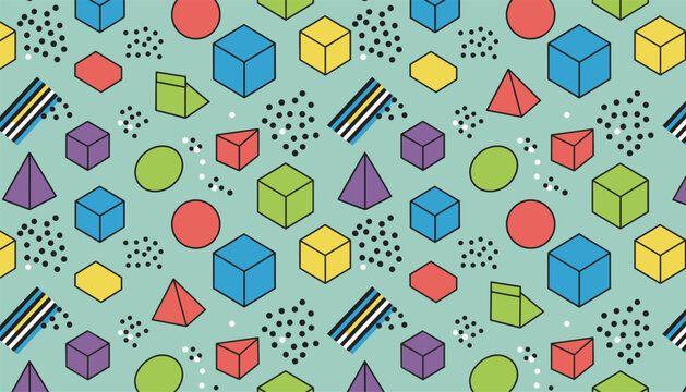Memphis geometric pattern featuring colorful 3d cubes pyramids spheres and striped rectangles on teal background.