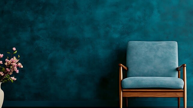 Cozy Blue Armchair Against Textured Teal Wall with Elegant Flower Arrangement in Vase