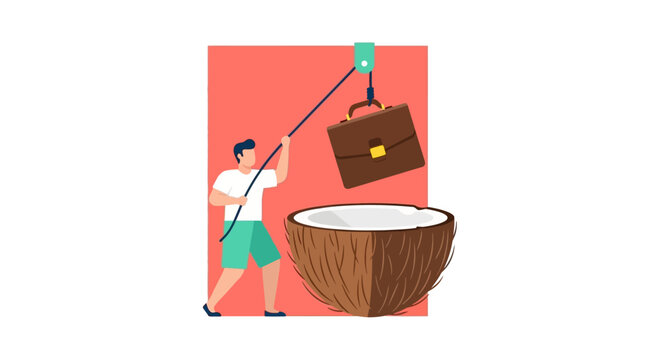 Man fishing with briefcase from coconut shell boat.