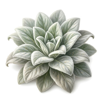 Highly Detailed Digital Illustration of a Fuzzy Lamb's Ear Plant with Soft Silver Leaves on White Background