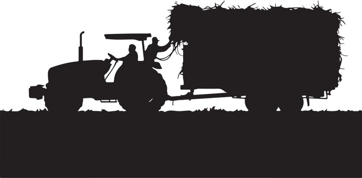 Tractor with hay trailer, silhouette of a tractor black