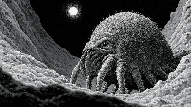 Giant Eyelash Mite Crests a Moonlit Rocky Ridge in Detailed Ink-and-Wash Illustration