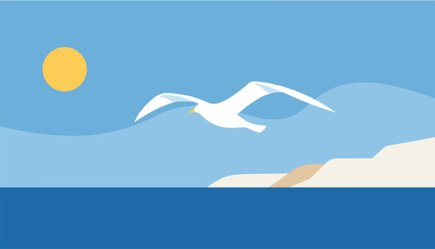 White seagull flies gracefully over a calm blue ocean with a bright yellow sun and sandy coastlines under a clear sky.