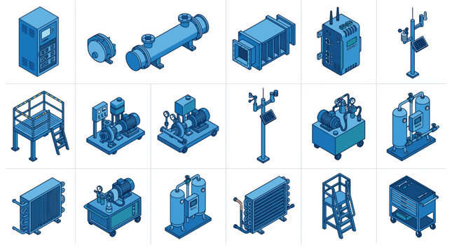 Isometric Industrial Equipment and Machinery Icon Set, Blue Vector Illustration of Factory Pumps, Compressors, Tools and Engineering Components for Infographics and Technical Presentations