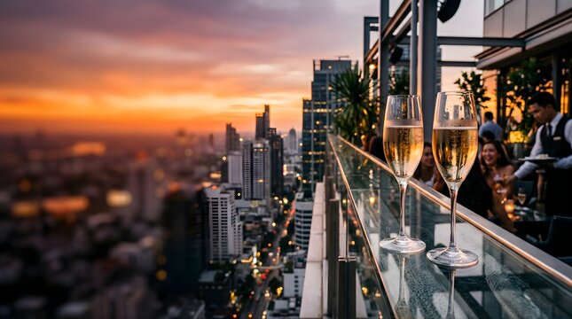 Champagne glasses on rooftop bar balcony overlooking city skyline at sunset