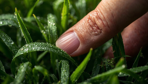 Close-up of a human finger touching a green grass blade covered in morning dew droplets in a field