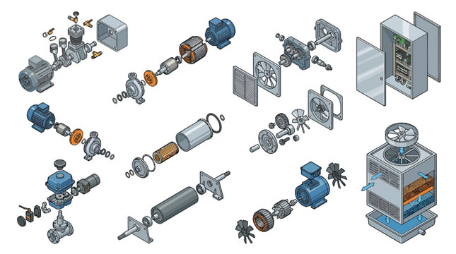 Isometric Industrial Machinery and Electrical Parts Icon Set, Exploded View Diagrams of Electric Motors, Pumps, Fans, and Technical Equipment for Engineering Presentations and Infographics
