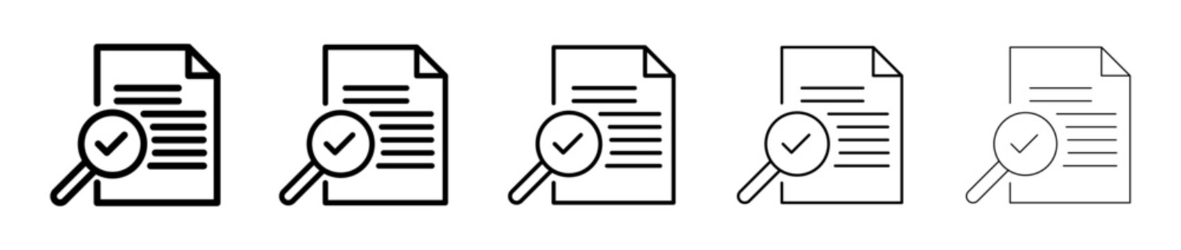 document search audit icon set. document search audit review file icon set for verified contract data analysis inspection report