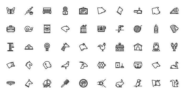 Pets icon pack. Minimal thin line web icons set. Vector illustration. Pet icon set. Featuring cat, dog, rabbit, parrot, horse, turtle, fish, bird, and more. Editable vector stroke.