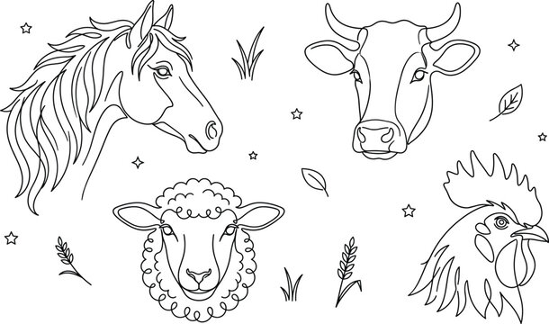 Farm animal head icon set with domestic horse cow sheep rooster line art portraits and organic nature outline elements