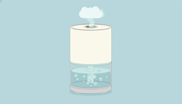 Essential oil diffuser humidifies the air with water bubbles visible in the tank and gentle steam rising from the top.