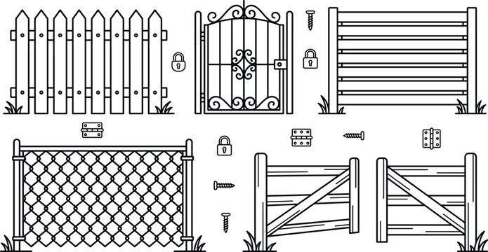 Fence and gate icon set with wooden pickets chain link mesh metal grilles locks hinges and hardware outline elements