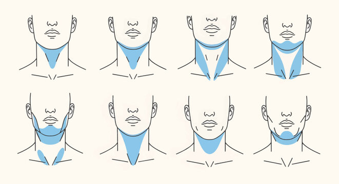 Vector illustration showing eight male neck and jawline shape categories with anatomical blue highlights for grooming, plastic surgery mapping, and facial structure analysis.