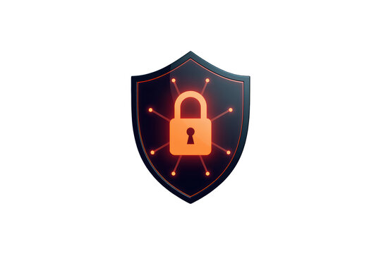 Shield icon displaying a glowing padlock in the center with connected nodes, symbolizing data protection and network security. Transparent background