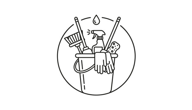 Circular line art logo shows a bucket filled with cleaning supplies like a broom, spray bottle, sponge, and gloves.