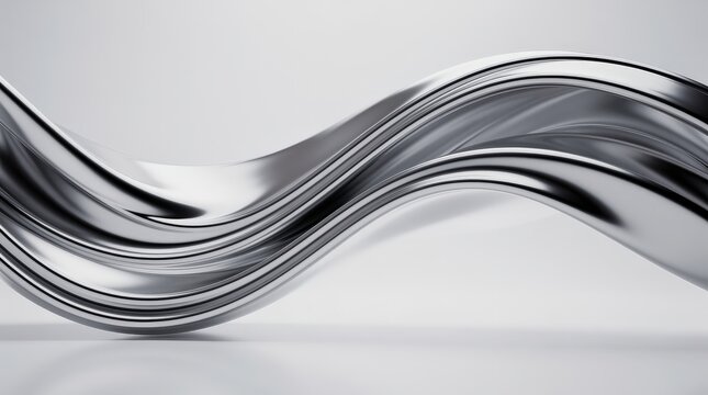 Sleek, reflective metallic waves create a smooth, abstract design on a neutral background, showcasing fluidity and modern minimalism.