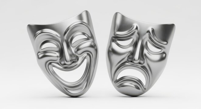 Silver Comedy and Tragedy Theater Masks on White Background - 3D Illustration of Drama and Performance Art Symbols