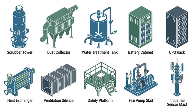 Isometric Industrial Equipment and Factory Machinery Icon Set including Water Treatment Tank, Dust Collector, UPS Rack, and Heat Exchanger Vector Illustration for Infrastructure Diagrams